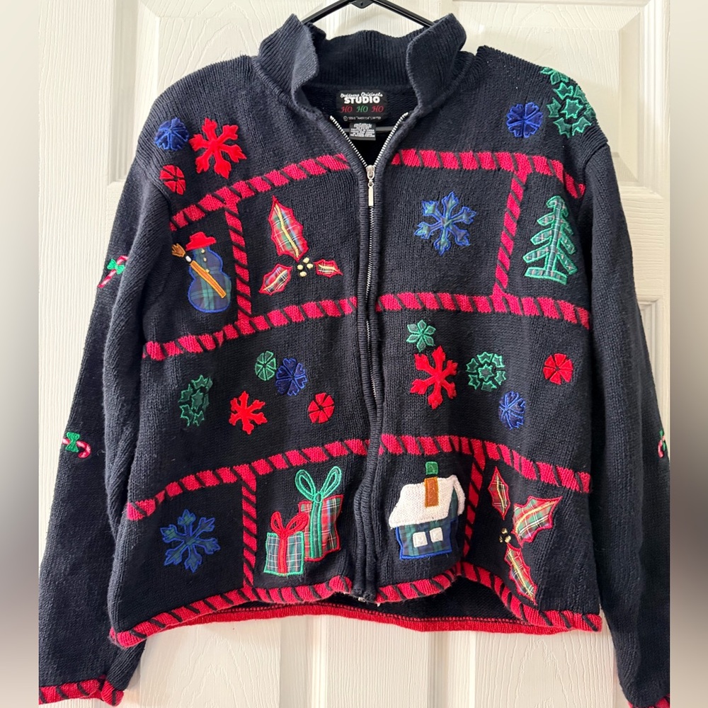 Black zip up Sweater with Festive Embroidery